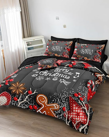Bedbay Christmas Comforter Set 8 Pcs Queen Comforter Set with Sheets Cute Gingerbread Men Snowflakes Christmas Bedding Set Queen Bed in a Bag New Year Festival Xmas Gifts for Boys Girls