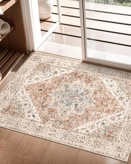 Ciicool Washable Vintage Area Rug, 2x3ft Boho Small Rug, Ultra Soft Rugs for Entryway, Non-Slip Entry Rugs Oriental Low-Pile Indoor Mat Floor Carpet for Entrance Bedroom Kitchen Bathroom Foyer Decor