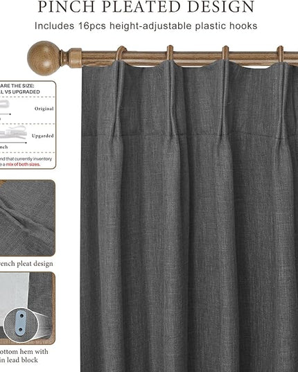 IVAPUPU Linen Pinch Pleated 100% Blackout Curtains for Bedroom - 2 Pages Black Out Grey Curtains 84 Inch Long 2 Panel for Living Room Darkening Thermal Window Curtain Drapes with 16pc Hooks
