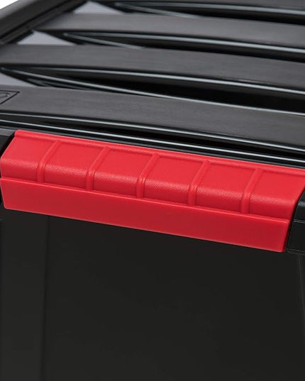IRIS USA 32 Qt Stackable Plastic Storage Bins with Lids, 6 Pack - BPA-Free, Made in USA - Garage Organizing Solution, Latches, Durable Nestable Containers, Secure Pull Handle - Black