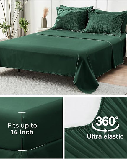 HYMOKEGE Emerald Green California King Comforter Set Seersucker 7 Pieces, All Season Luxury Bed in a Bag for Bedroom, Bedding Set with Comforter, Sheets, Pillowcases & Shams