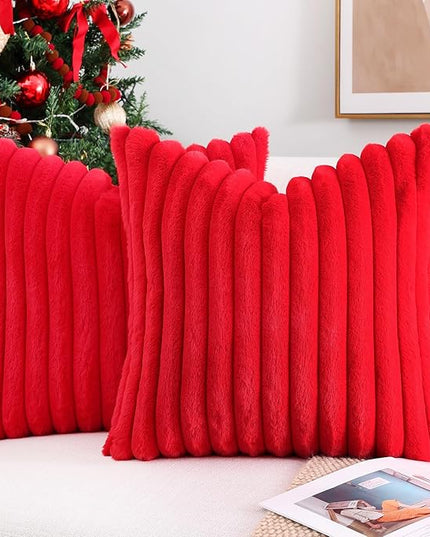 Pallene Faux Fur Plush Christmas Throw Pillow Covers 26x26 Set of 2, Luxury Soft Fluffy Striped Decorative Pillow Covers for Sofa, Couch, Living Room, Red