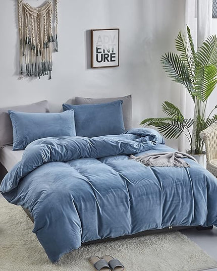 CLOTHKNOW Blue Fluffy Queen Comforter Set Velvet Bedding Comforter Sets Soft Grayish Blue Comforter with 2 x Pillow Cases