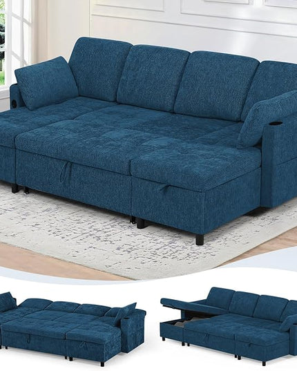 110" Sectional Pull Out Sofa Bed with Adjustable Backrests, U-Shaped Sleeper Sofa with USB Ports, Upholstered Reversible Couch with Cup Holder & Storage Space for Living Room, House, Blue