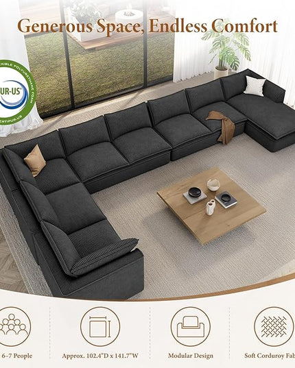 Vesgantti 204.7" Oversized Boneless Sectional Couch, Modern 9 Seater Modular Sofa with Chaise, Deep Seat Convertible Corduroy Cloud Couches for Living Room, No Assembly Required, Black