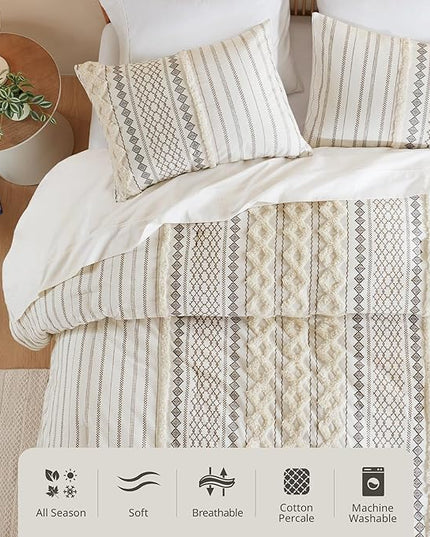 INK+IVY Comforter for King Size Bed, Chenille Tufted, Breathable Cotton Comforter Set King, All Season Modern Boho Comforter with Farmhouse Bedding Flare, 2 Matching Shams, King Ivory 3 Piece