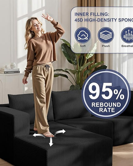 108" Boneless Couches for Living Room, Modular Cloud Couch Sofa - L Shap Corduroy Sectional Sofa, Fluffy Memory Foam Sleeper Sofa Furniture, No Assembly, Wide Armrest, Black
