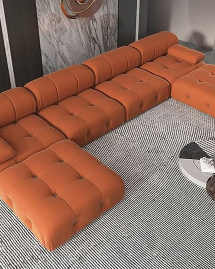 JACH U-Shaped Modular Sectional Couch, 138"" Minimalist Velvet Sofas, Convertible Couches, Mid-Century Modern Sectional Sofa with Chaise Ottomans for Living Room Apartment (Orange), 105OR-U-U