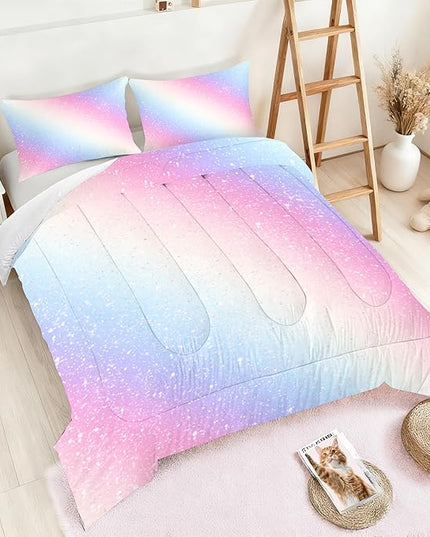 Rainbow Bedding Set Twin Size for Kids Girls Teens Women Tie Dye Pastel Comforter Set Stars Gradient Glitter Bedding Comforter Set Watercolor Art Girly Quilt Set Sweet Bedroom Decor
