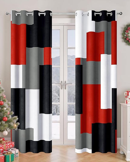 Red Black 100% Blackout Curtains for Bedroom 63 inch Length 2 Panels Set White Grey Modern Abstract Geometric Black Out Curtains Christmas Red Room Darkening Window Drapes Living Room, 52Wx63L