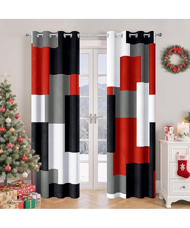 Red Black 100% Blackout Curtains for Bedroom 63 inch Length 2 Panels Set White Grey Modern Abstract Geometric Black Out Curtains Christmas Red Room Darkening Window Drapes Living Room, 52Wx63L