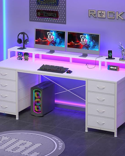 60 Inch Computer Desk with 8 Fabric Drawers, Gaming Desk with LED Lights & Power Outlets, Home Office Desk with Monitor Stand, White