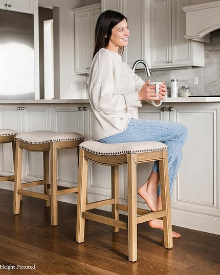 Maven Lane Adrien Backless Bar Stool – Set of 3 – 31 Inch Saddle Seat with Footrest – Natural Solid Wood Frame & Natural Fabric Upholstery – Ideal for Bars, Pub Tables & Tall Kitchen Counters