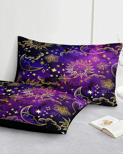 Merryword 8 Pieces Universe Bed in a Bag Sun and Moon Comforter Set King Size Galaxy Bedding Purple Gold Moon Star Pattern Bohemian Gothic Comforter Set for Boys Girls Women