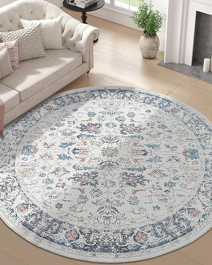 jinchan Round Rug 7ft Area Rug - Washable Boho Vintage Floral Circle 7' Round Floor Cover Lightweight Low Pile Thin Throw Non-Slip Carpet for Kitchen Living Room Bedroom Dining Room Office Grey Multi
