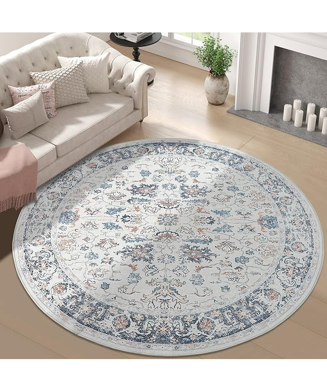 jinchan Round Rug 7ft Area Rug - Washable Boho Vintage Floral Circle 7' Round Floor Cover Lightweight Low Pile Thin Throw Non-Slip Carpet for Kitchen Living Room Bedroom Dining Room Office Grey Multi