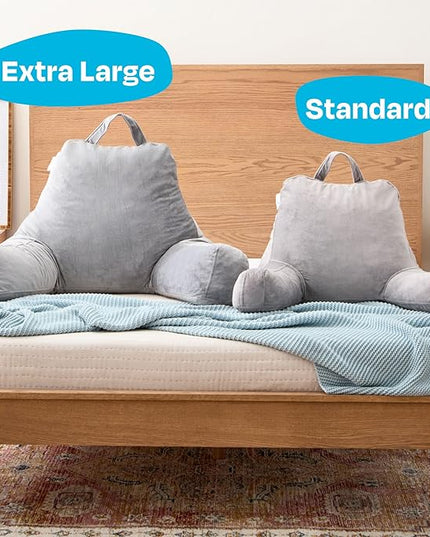LINENSPA Reading Pillow with Shredded Memory Foam- Back Pillow for Sitting in Bed, Reading, Gaming, Watching TV – Chair Pillow with Arms, Dorm Room Essentials, Stone