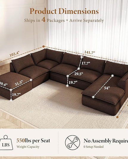 Vesgantti 141.7" Oversized Boneless Sectional Couch, Modern 7 Seater Modular Sofa with Chaise & Ottoman, Deep Seat Corduroy Cloud Couches for Living Room, No Assembly Required, Dark Brown