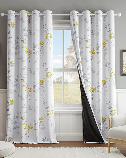 Beauoop Floral 100% Blackout Curtains 90 Inches Long 2 Panels for Bedroom Living Room Yellow Grey and White Flower Patterned Room Darkening Thermal Soundproof Grommet Window Treatments Drapes, 52X90