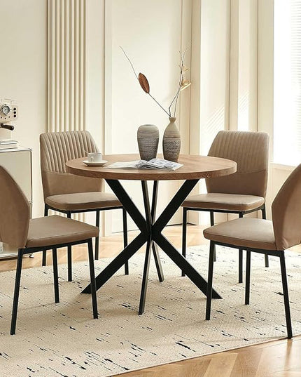 37" Round Dining Table Set for 4, Mid Century Modern Small Coffee Set for Dining Room Kitchen Apartment (Walnut Table + 4 PU Leather Beige Chairs)