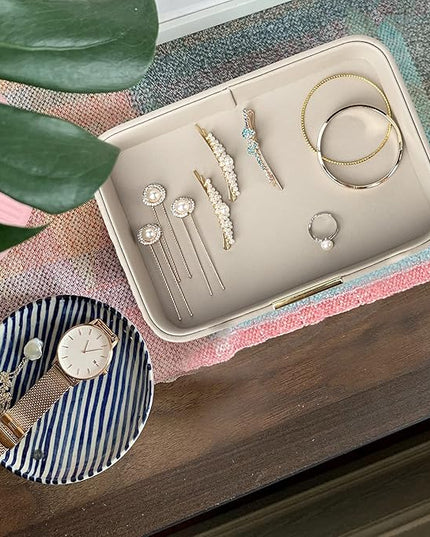 SANZIE Luxury Leather Tray Desktop Storage Catchall Organizer Decorative Tray for Entryway Table to Hold Jewelry Watch Keys Phone Wallet (Metal Glided, Grey)