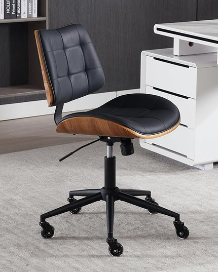 Home Office Desk Chair with Wheels, Adjustable Height Armless Office Chair, PU Leather Mid Back 360° Small Computer Chair, Modern Walnut Chair No Arms for Office, Reading Meeting Room(Black)