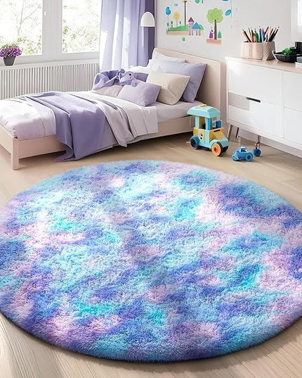 Ophanie Round Rug 4Ft Tie-Dye Rainbow Purple Circle Area Rug, Fluffy Fuzzy Bedroom Carpet, Plush Soft Shaggy Indoor Floor Colorful Living Room Rugs for Kids Home Decor Aesthetic, Nursery