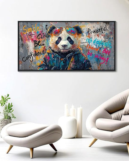 JEAWA Large Framed Canvas Wall Art, Black and White Panda Graffiti Street Art Pop Abstract Modern Paintings for Living Room Bedroom Study Office Inspirational Picture Home Decor 24x48 IN