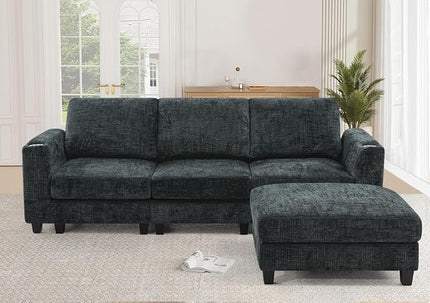 87" Chenille Sectional Sofa with Movable Ottomans, Modular L-Shape Couch with Cup Holders, Convertible 3 Seater Sofa with Well-Filled Backrest Cushions for Living Room, House, Grey