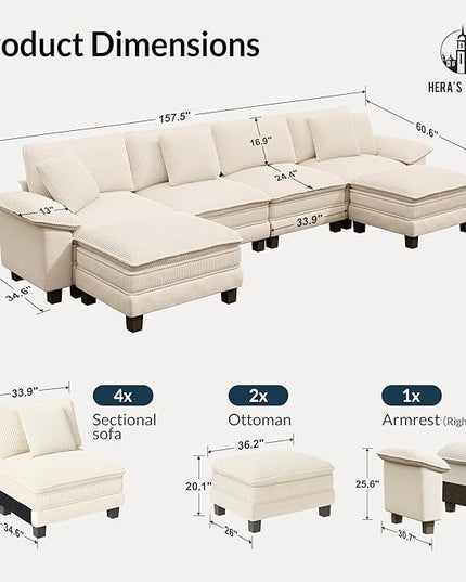 HERA'S HOUSE 158" Modular Sectional Sofa, Oversized U Shaped Couches for Living Room, Comfy Cloud Couch with Ottoman, 6-Seater Deep Seat Sofa with Throw Pillow, Corduroy and Chenille Beige
