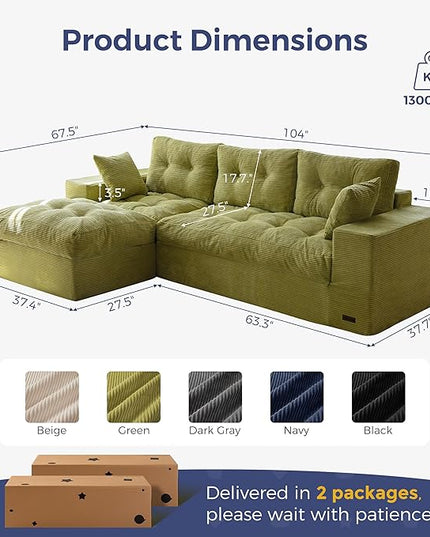 MAXYOYO 104" L Shaped Modular Sectional Sofa with Ottoman, Cloud Boneless Couch with Layered Cushion, Upholstered Sofa in a Box, Flexible Module Combination for Living Room, No Assembly, Green