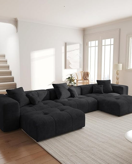 JACH 144.1 Inch U-Shaped Modular Sofa, Mid Century Modern Deep Seat Sectional Couch, 3-Seater Sofas with Chaise Ottomans for Living Room, Cozy Sofas for Apartment, Living Room (Linen Fabric, Black)