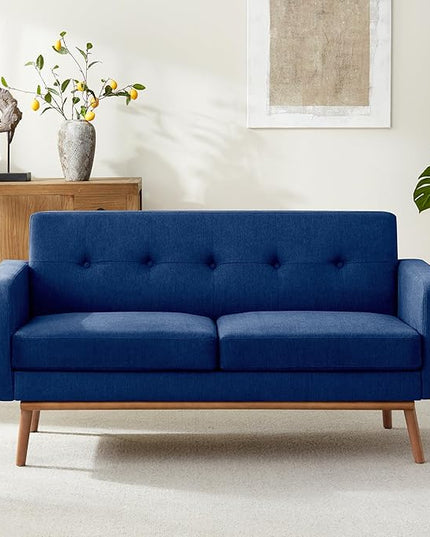 HUIMO Sofa Couch, Mid Century Modern Sofa with Solid Wood Frame, Button Tufted Couch for Bedroom, Living Room, Office, Apartment (Dark Blue, 60 inch)