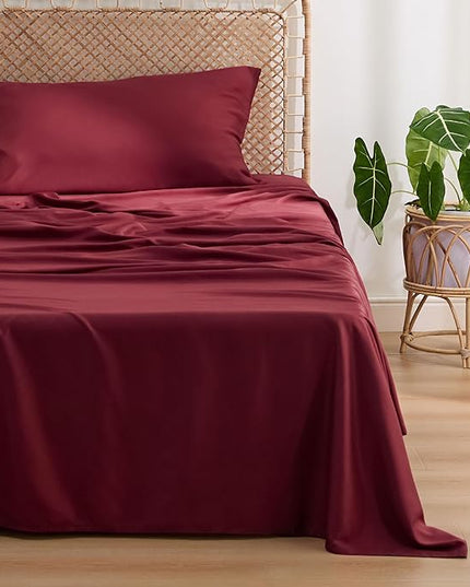 Bedsure Cooling Sheets Twin, Rayon Derived from Bamboo, Breathable & Soft Twin Sheets Set, Deep Pocket Up to 16 Inches, Hotel Luxury Silky Bedding for Hot Sleepers, Burgundy