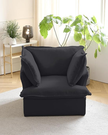 JACH Modern Comfy Couch Chair with Thick Cushion, Couch Single Accent Chair Deep Seat Sofa Couches, Hemp Velvet Sofas Furniture for Small Spaces Living Room Bedroom Office Apartment (Black)