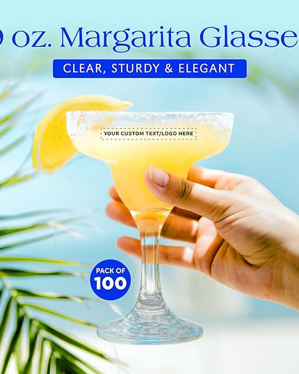 DISCOUNT PROMOS 100 Margarita Glasses Set, 9 oz. - Personalized Text, Logo - Classic, Smooth, Barware, Glassware - Clear