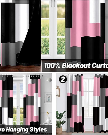 Pink 100% Blackout Curtains for Bedroom 72 inch Length 2 Panels Set Grey Modern Abstract Geometric Black Out Curtains Insulated Room Darkening Window Drapes for Living Room, 52Wx72L