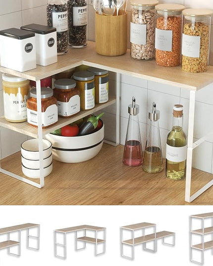Golener Countertop Organizer Corner Shelf, 2 Tier Adjustable Stackable Corner Shelves for Kitchen, Bathroom, Spice Rack, Coffee Bar, Over Sink, Dresser Table, Corner Counter Shelf Stand, Natural Beige
