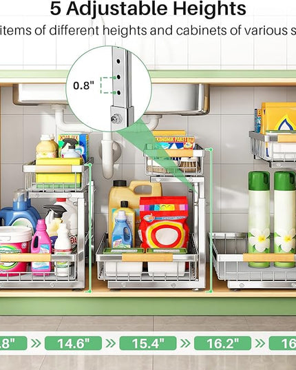Under Sink Organizer, Stainless Steel 2 Packs 2 Tier Under Sink Organizers and Storage, Slide out Pull out Cabinet Shelf, Sliding Drawer for Kitchen Bathroom Pantry Cabinet Closet Organization Rack