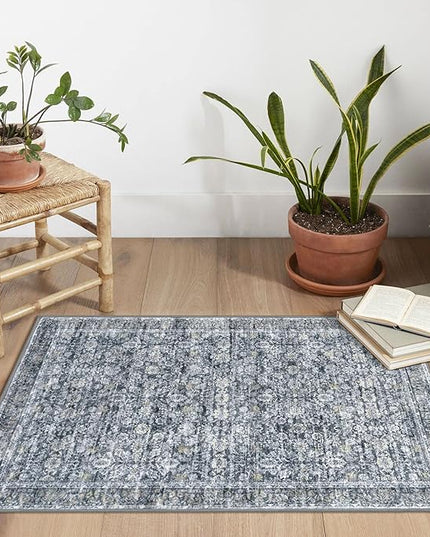 2x3 Washable Rug Soft Area Rug for Entryway, Grey Brown Non-Slip Indoor Door Mat Distressed Floral Low-Pile Kitchen Rugs, Neutral Vintage Carpet for Entrance Kitchen Bedside Farmhouse
