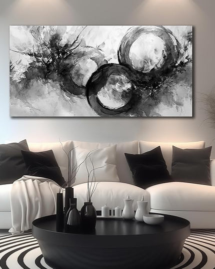 JuhaiArt White Wall Decor Art for Living Room Office Abstract Canvas Wall Art Black Circle Picture Art 29" x 59" Large Modern Poster Artwork