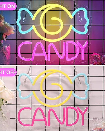Neon Sign for Wall Decor, Lights for Workshop, Business Signs - Suitable for Man Cave Bar Pub Restaurant - 5V Power Adapter with Hanging Chain Hooks (CANDY)