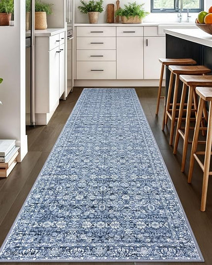 3x10 Washable Runner Rug for Kitchen, Blue Soft Classic Runner with Non-Slip, Non-Shedding Distressed Floral Rug for Hallways Entryway Bedroom Bathroom Laundry Indoor