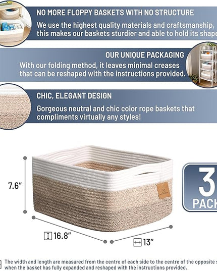 NaturalCozy Storage Baskets 16.8”x13”x7.6” Cotton Rope Woven Baskets for Organizing 3-Pack | Toy Storage Bins | Basket for Shelves, Laundry, Blanket, Clothes, Closet, Kitchen, Bathroom, Gifts