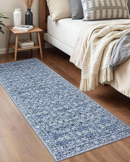2x5 Washable Small Area Rug for Entryway, Blue Soft Non-Slip Indoor Door Mat Distressed Floral Low-Pile Rus Neutral Vintage Carpet for Entrance Kitchen Bedside Farmhouse