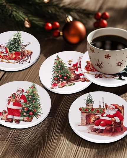 Christmas Coasters Set of 6 Christmas Tree Coasters Gifts with Holder Round Ceramic Absorbent Drink Coaster for Holiday, Coffee Table Decor