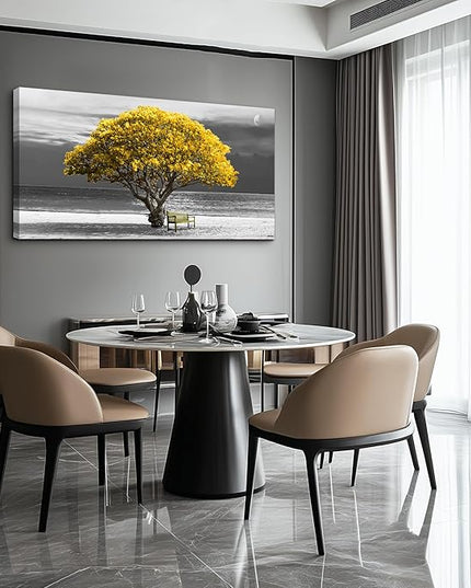 wall art for living room Decorations Photo Prints - panoramic black and white with yellow trees The moon scenery - Modern Home Decor The room Stretched and Framed Ready to Hang artwork 24X48inches