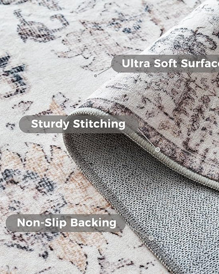 jinchan Kalen Area Rug 6x9 Washable Living Room Rug Vintage Indoor Large Floor Cover Retro Accent Mat Distressed Gray Floral Country Boho Non Slip Thin Carpet for Bedroom Dining Room Office Grey