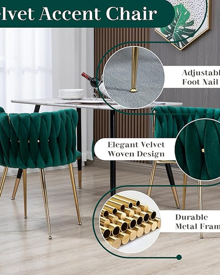 Golden Round Dining Table Set for 4, 39'' Clear Glass Top Dinner Set, 5 PCS Modern Luxury Circle Kitchen Table and Green Woven Chairs Set, Small Minimalist Circular Dinette Set, for Apartment