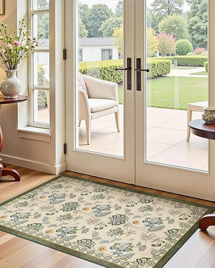 jinchan Elora 3x5 Floral Rug for Entryway Washable Rug Vintage Romance Design Christmas Small Mat Non Slip Indoor Doormat Lightweight Low-Profile Throw Carpet for Bathroom Laundry Room, Green/Beige